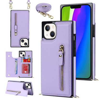 RFID Blocking Wallet Phone Case for iPhone 15 TPU+PU Kickstand Phone Cover with Shoulder Strap
