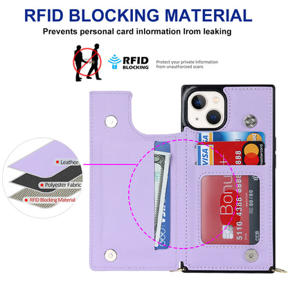 RFID Blocking Wallet Phone Case for iPhone 15 TPU+PU Kickstand Phone Cover with Shoulder Strap