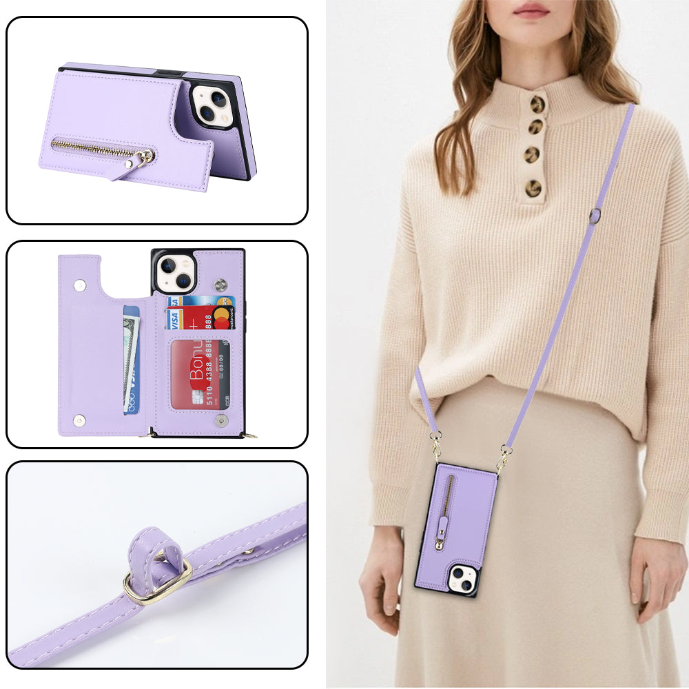 RFID Blocking Wallet Phone Case for iPhone 15 TPU+PU Kickstand Phone Cover with Shoulder Strap