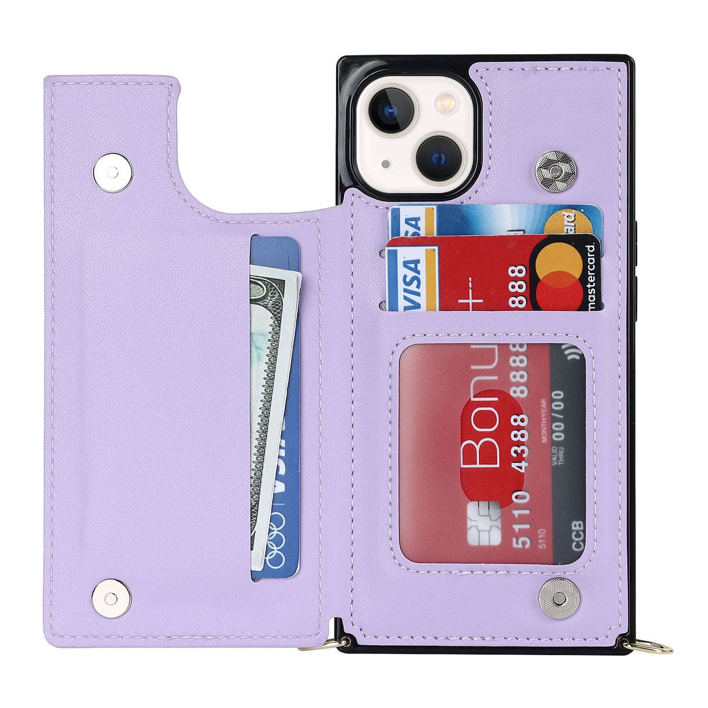 RFID Blocking Wallet Phone Case for iPhone 15 TPU+PU Kickstand Phone Cover with Shoulder Strap