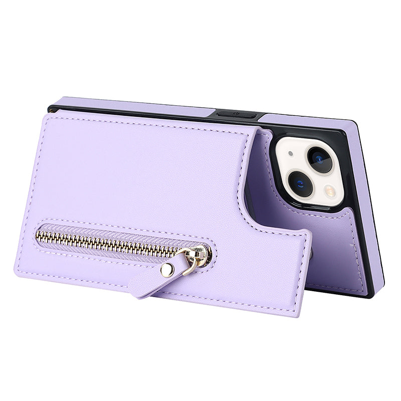 RFID Blocking Wallet Phone Case for iPhone 15 TPU+PU Kickstand Phone Cover with Shoulder Strap