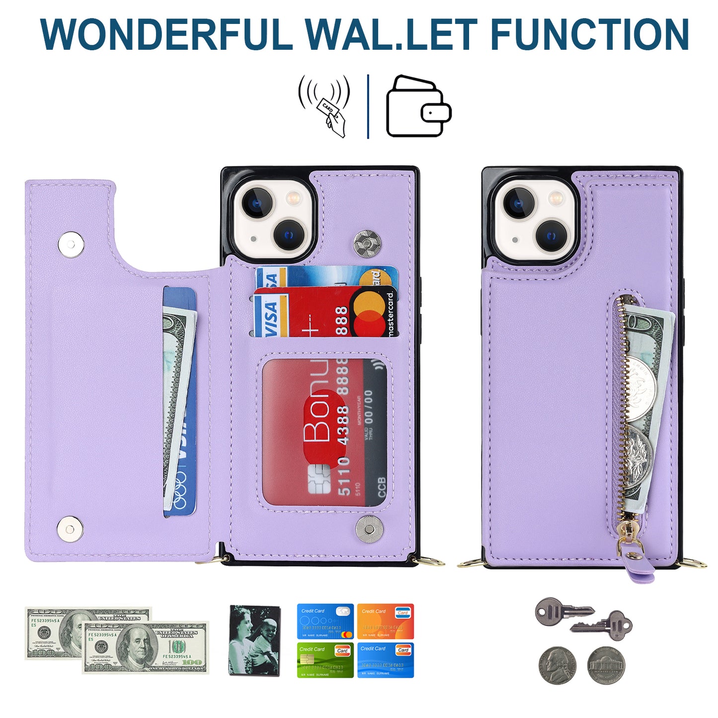 RFID Blocking Wallet Phone Case for iPhone 15 TPU+PU Kickstand Phone Cover with Shoulder Strap