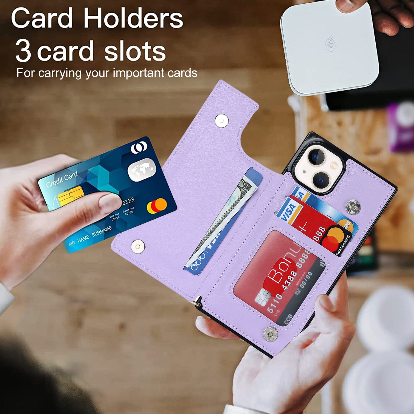 RFID Blocking Wallet Phone Case for iPhone 15 TPU+PU Kickstand Phone Cover with Shoulder Strap