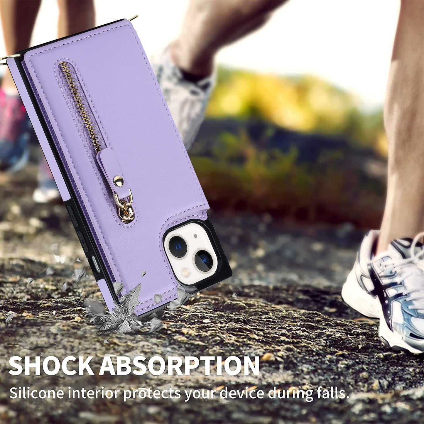 RFID Blocking Wallet Phone Case for iPhone 15 TPU+PU Kickstand Phone Cover with Shoulder Strap