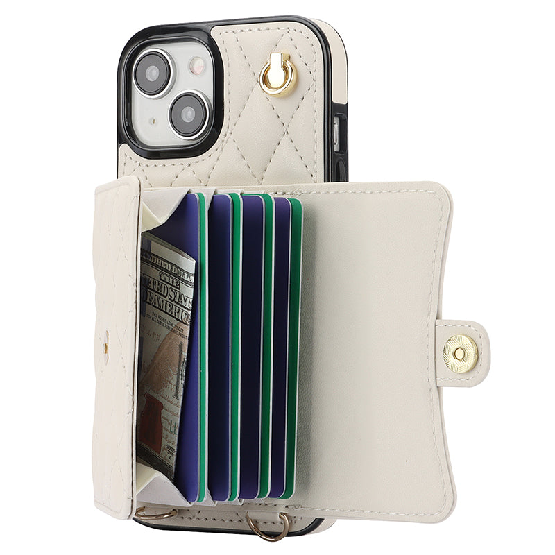 026 For iPhone 15 RFID Blocking Card Slots Phone Case PU Leather+TPU Kickstand Cover with Wrist and Shoulder Straps