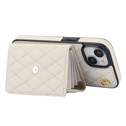 026 For iPhone 15 RFID Blocking Card Slots Phone Case PU Leather+TPU Kickstand Cover with Wrist and Shoulder Straps