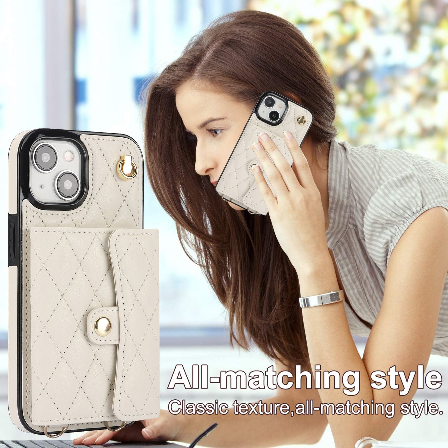 026 For iPhone 15 RFID Blocking Card Slots Phone Case PU Leather+TPU Kickstand Cover with Wrist and Shoulder Straps