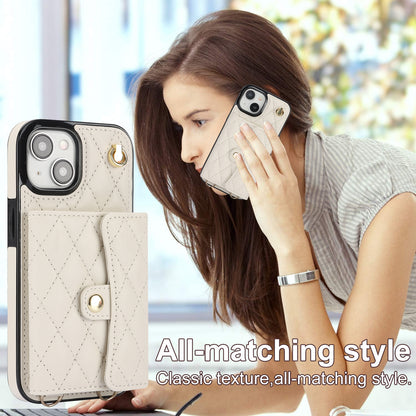 026 For iPhone 15 RFID Blocking Card Slots Phone Case PU Leather+TPU Kickstand Cover with Wrist and Shoulder Straps