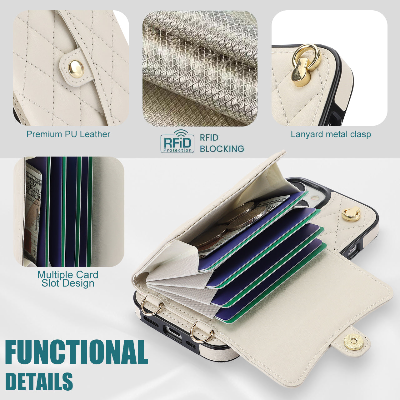026 For iPhone 15 RFID Blocking Card Slots Phone Case PU Leather+TPU Kickstand Cover with Wrist and Shoulder Straps