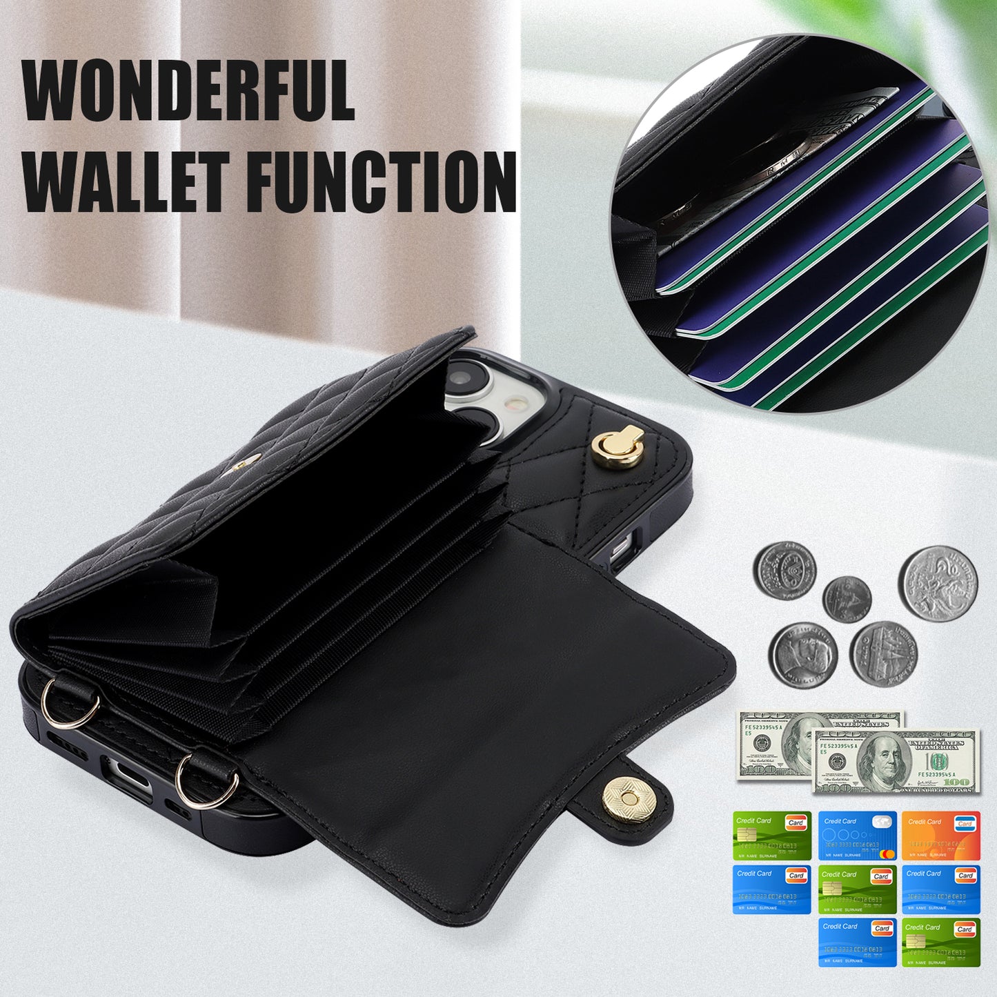 026 For iPhone 15 RFID Blocking Card Slots Phone Case PU Leather+TPU Kickstand Cover with Wrist and Shoulder Straps