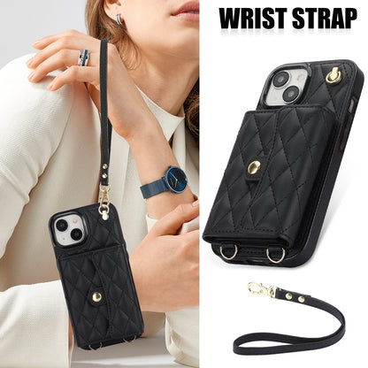 026 For iPhone 15 RFID Blocking Card Slots Phone Case PU Leather+TPU Kickstand Cover with Wrist and Shoulder Straps