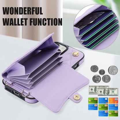 026 For iPhone 15 RFID Blocking Card Slots Phone Case PU Leather+TPU Kickstand Cover with Wrist and Shoulder Straps