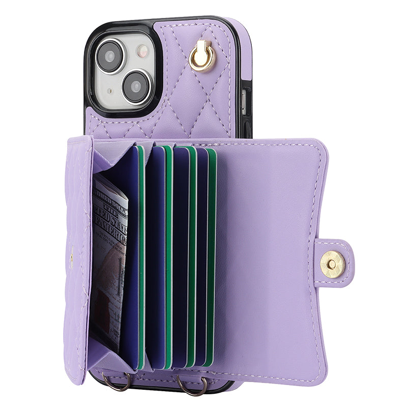 026 For iPhone 15 RFID Blocking Card Slots Phone Case PU Leather+TPU Kickstand Cover with Wrist and Shoulder Straps