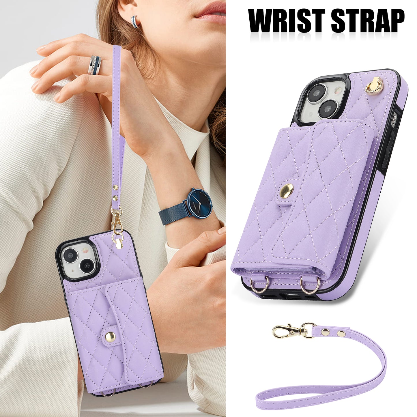026 For iPhone 15 RFID Blocking Card Slots Phone Case PU Leather+TPU Kickstand Cover with Wrist and Shoulder Straps