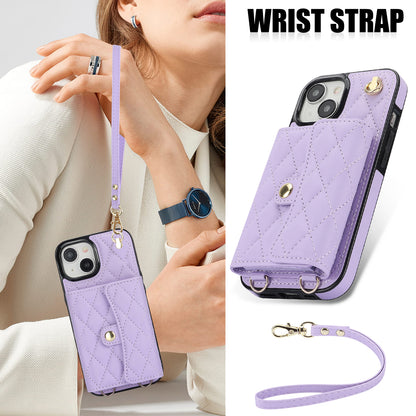 026 For iPhone 15 RFID Blocking Card Slots Phone Case PU Leather+TPU Kickstand Cover with Wrist and Shoulder Straps