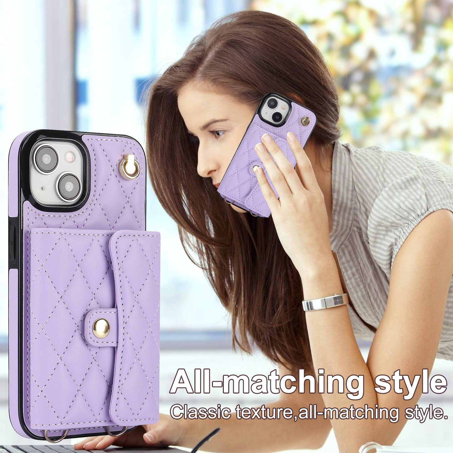026 For iPhone 15 RFID Blocking Card Slots Phone Case PU Leather+TPU Kickstand Cover with Wrist and Shoulder Straps