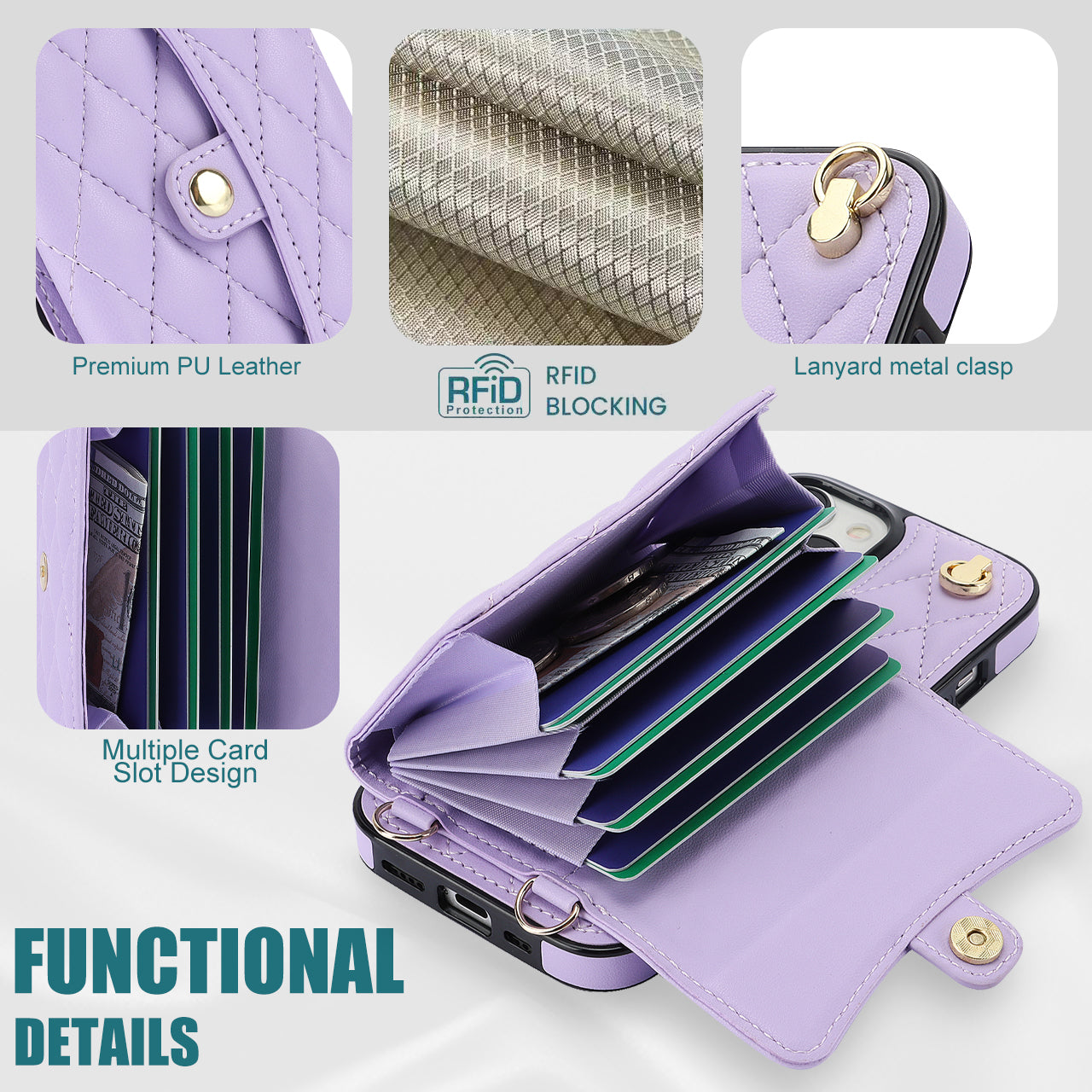 026 For iPhone 15 RFID Blocking Card Slots Phone Case PU Leather+TPU Kickstand Cover with Wrist and Shoulder Straps