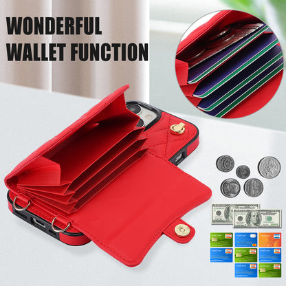 026 For iPhone 15 RFID Blocking Card Slots Phone Case PU Leather+TPU Kickstand Cover with Wrist and Shoulder Straps
