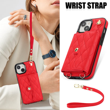 026 For iPhone 15 RFID Blocking Card Slots Phone Case PU Leather+TPU Kickstand Cover with Wrist and Shoulder Straps