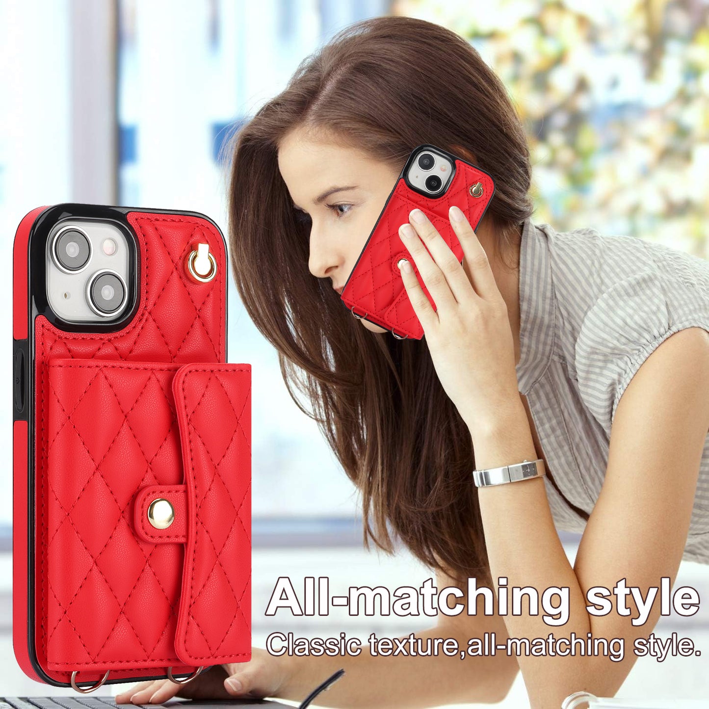 026 For iPhone 15 RFID Blocking Card Slots Phone Case PU Leather+TPU Kickstand Cover with Wrist and Shoulder Straps