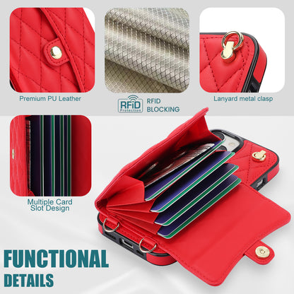 026 For iPhone 15 RFID Blocking Card Slots Phone Case PU Leather+TPU Kickstand Cover with Wrist and Shoulder Straps