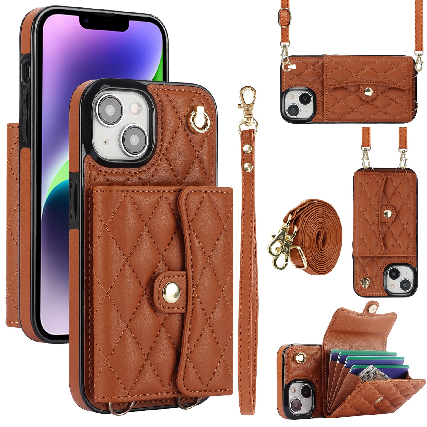 026 For iPhone 15 RFID Blocking Card Slots Phone Case PU Leather+TPU Kickstand Cover with Wrist and Shoulder Straps