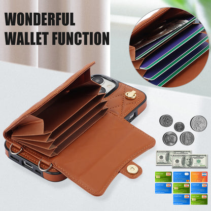 026 For iPhone 15 RFID Blocking Card Slots Phone Case PU Leather+TPU Kickstand Cover with Wrist and Shoulder Straps