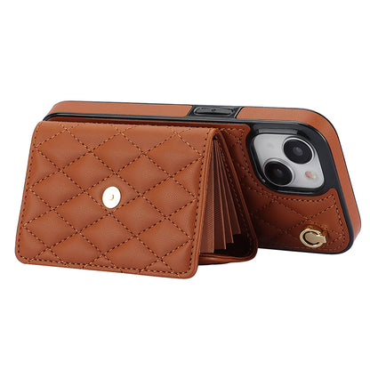 026 For iPhone 15 RFID Blocking Card Slots Phone Case PU Leather+TPU Kickstand Cover with Wrist and Shoulder Straps