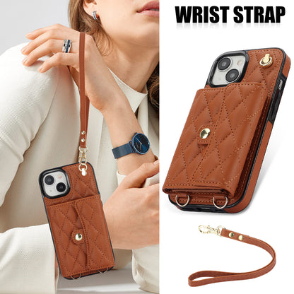 026 For iPhone 15 RFID Blocking Card Slots Phone Case PU Leather+TPU Kickstand Cover with Wrist and Shoulder Straps