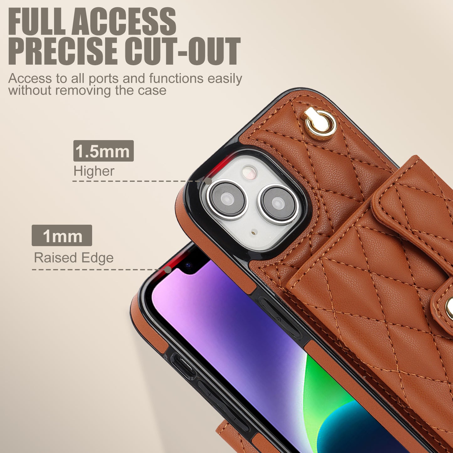 026 For iPhone 15 RFID Blocking Card Slots Phone Case PU Leather+TPU Kickstand Cover with Wrist and Shoulder Straps