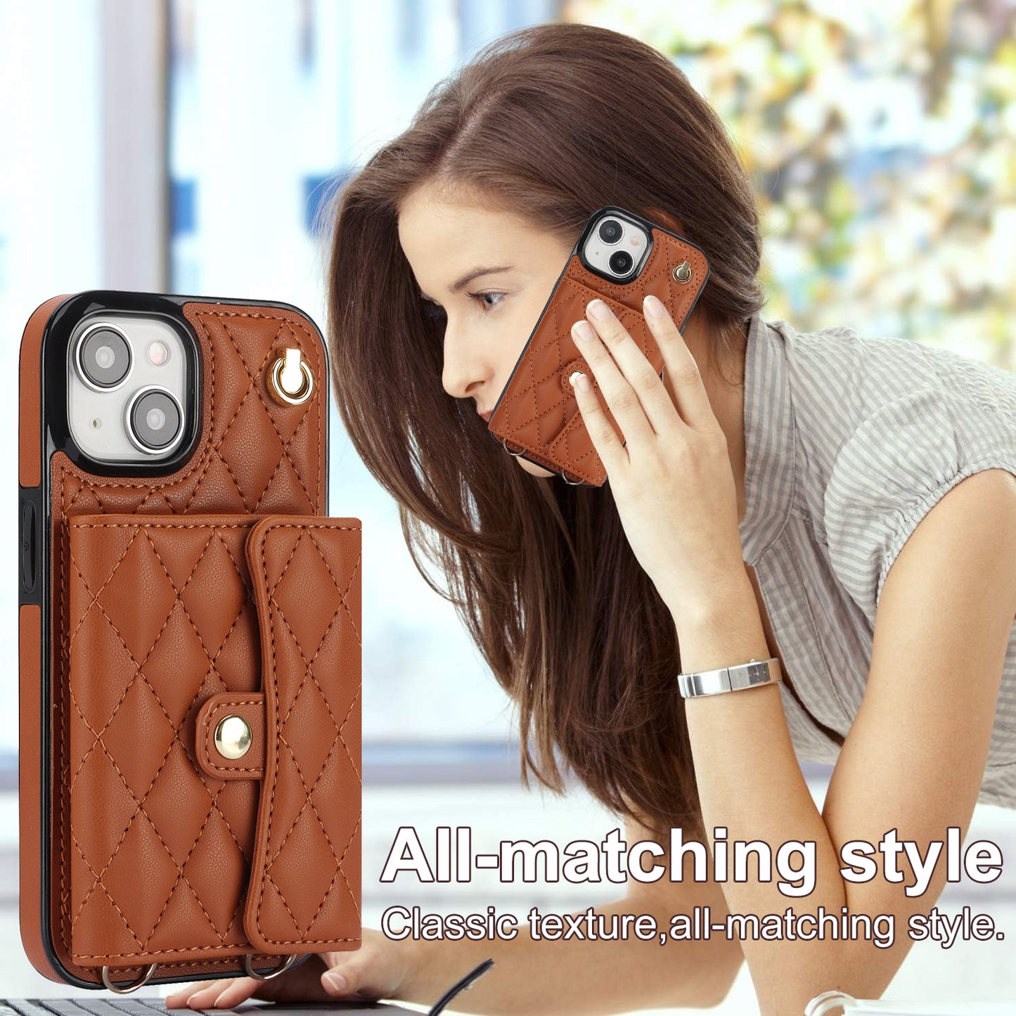 026 For iPhone 15 RFID Blocking Card Slots Phone Case PU Leather+TPU Kickstand Cover with Wrist and Shoulder Straps