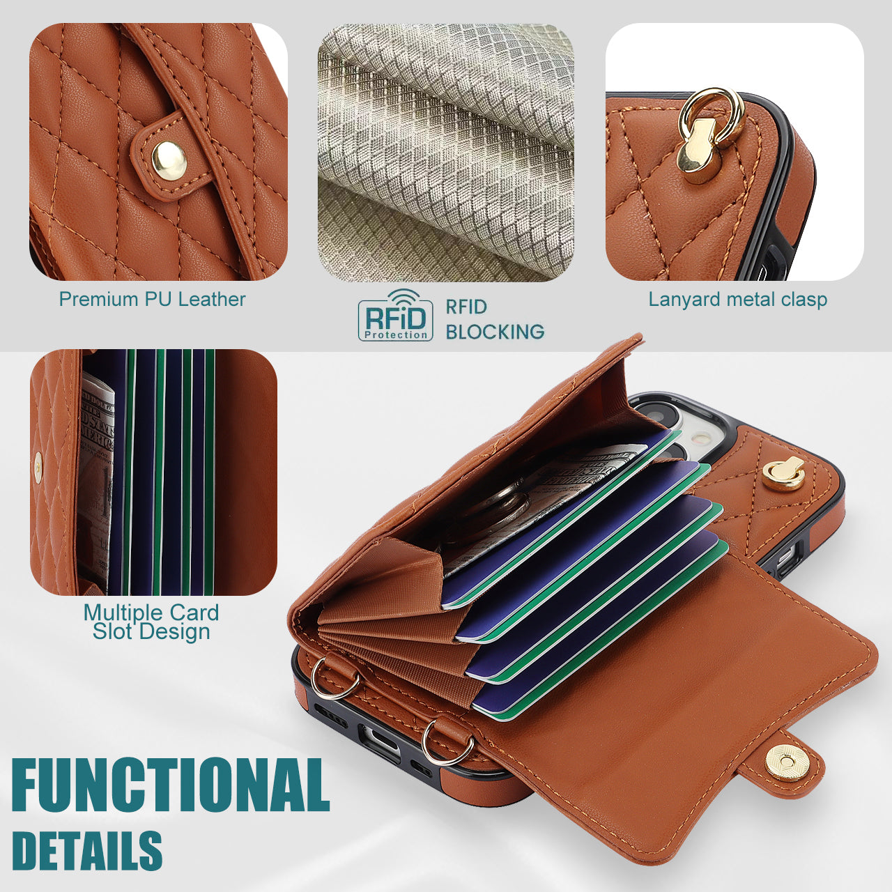 026 For iPhone 15 RFID Blocking Card Slots Phone Case PU Leather+TPU Kickstand Cover with Wrist and Shoulder Straps