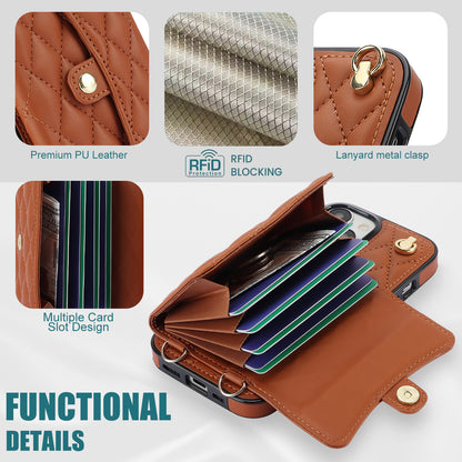 026 For iPhone 15 RFID Blocking Card Slots Phone Case PU Leather+TPU Kickstand Cover with Wrist and Shoulder Straps