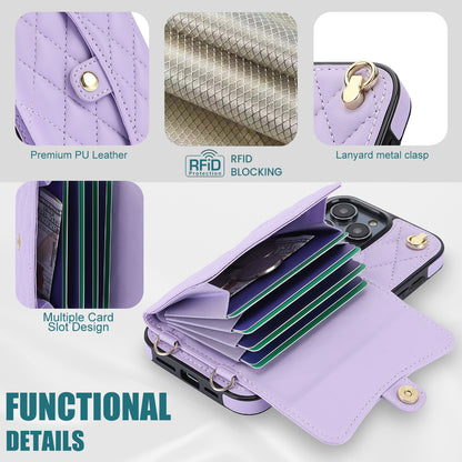 026 For iPhone 15 Pro RFID Blocking Card Holder Phone Case PU Leather+TPU Kickstand Cover with 2 Straps
