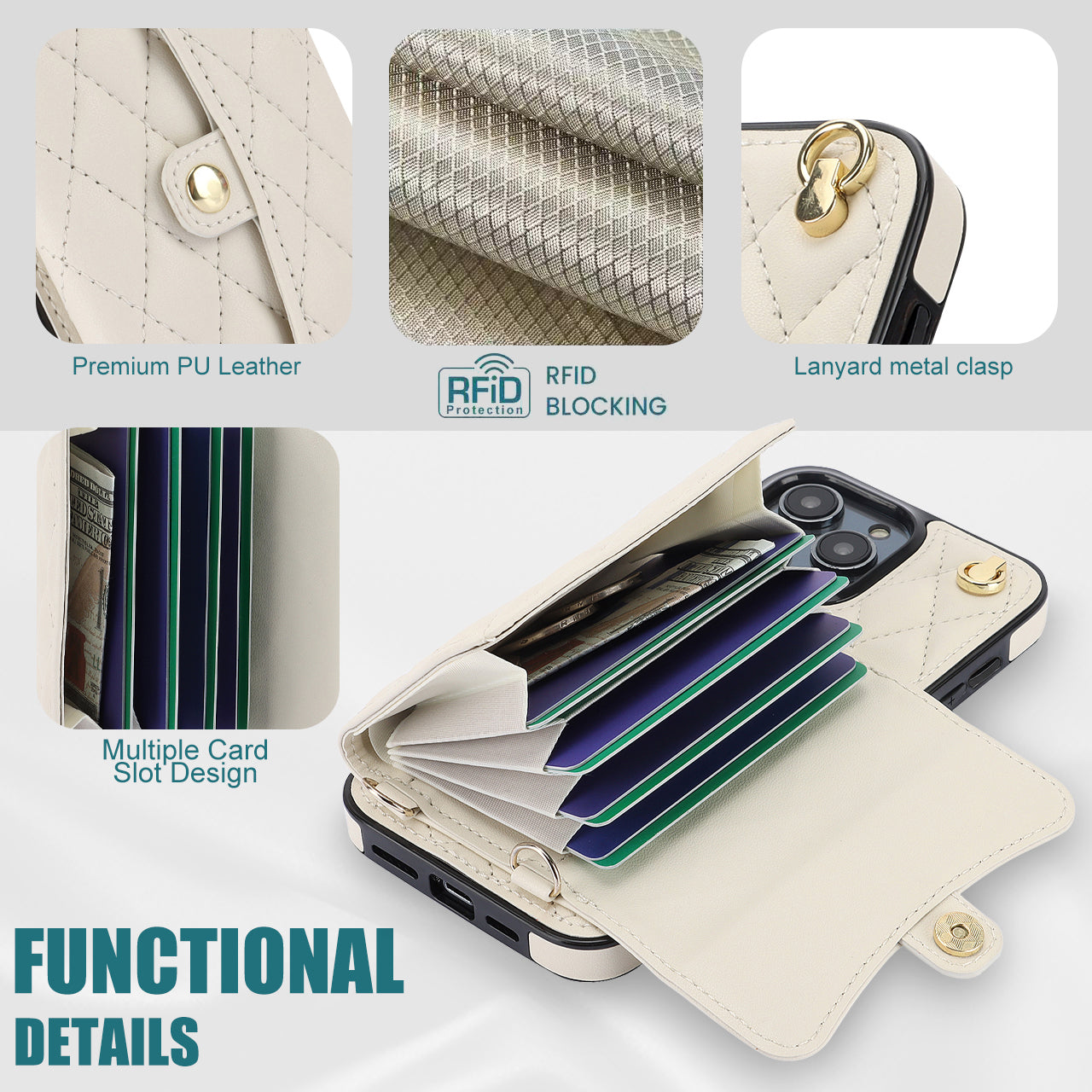 026 For iPhone 15 Pro RFID Blocking Card Holder Phone Case PU Leather+TPU Kickstand Cover with 2 Straps