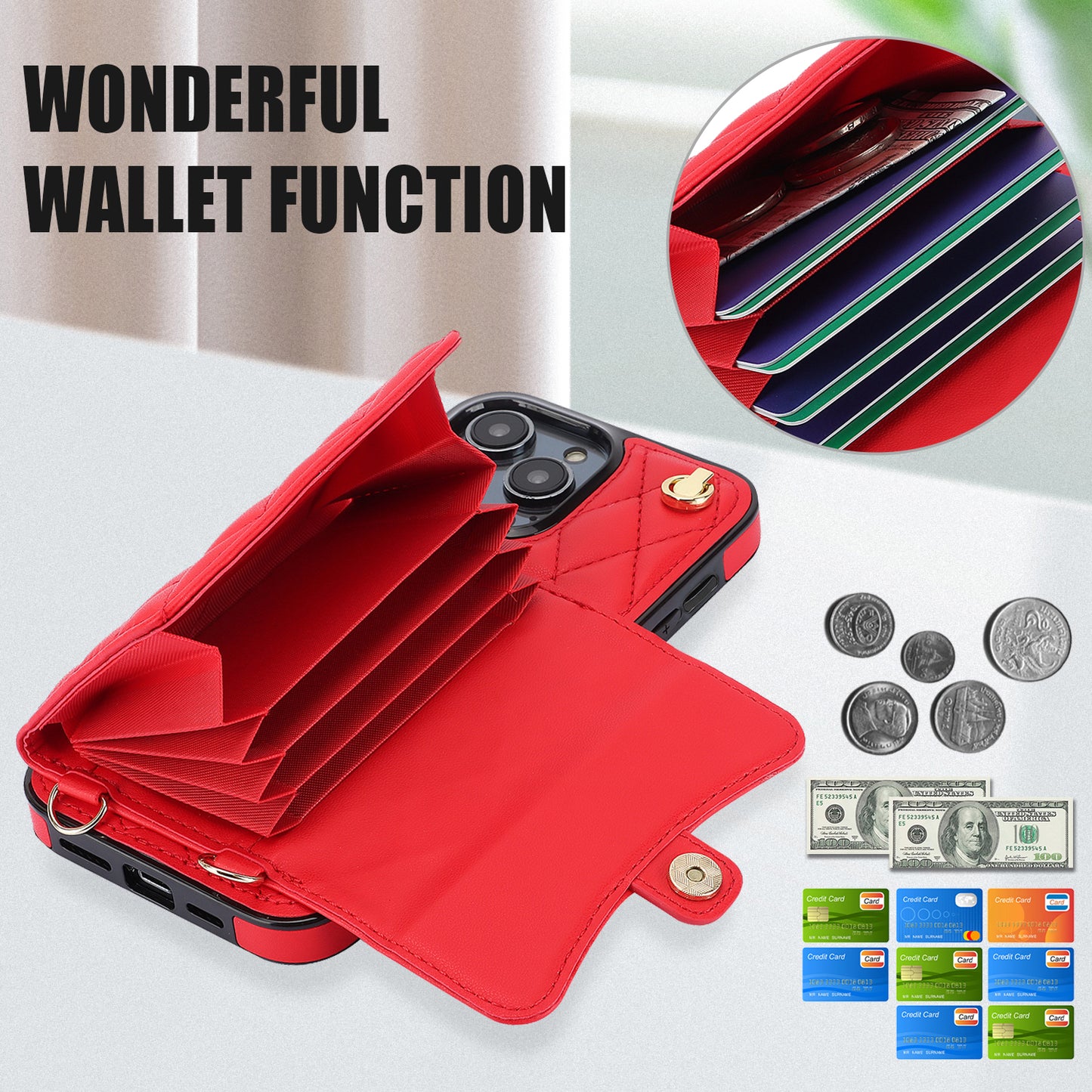 026 For iPhone 15 Pro RFID Blocking Card Holder Phone Case PU Leather+TPU Kickstand Cover with 2 Straps