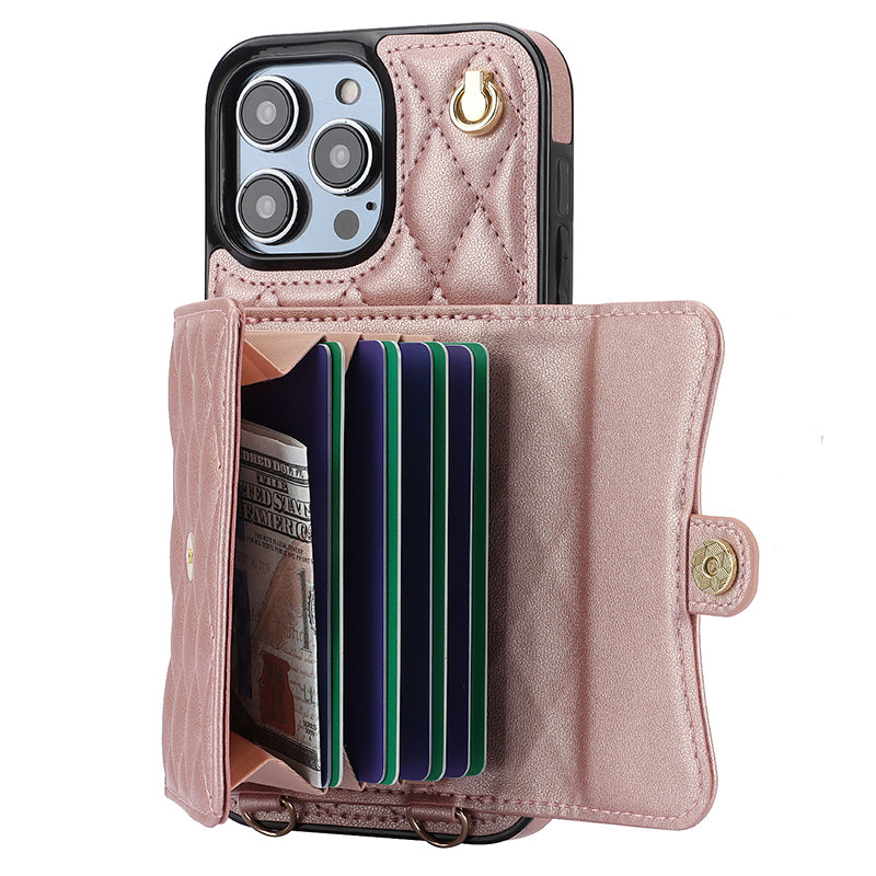 026 For iPhone 15 Pro Max PU Leather+TPU Kickstand Cover RFID Blocking Card Slots Phone Case with Short and Long Straps