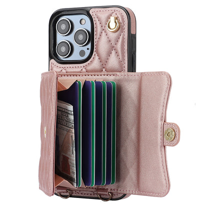 026 For iPhone 15 Pro Max PU Leather+TPU Kickstand Cover RFID Blocking Card Slots Phone Case with Short and Long Straps