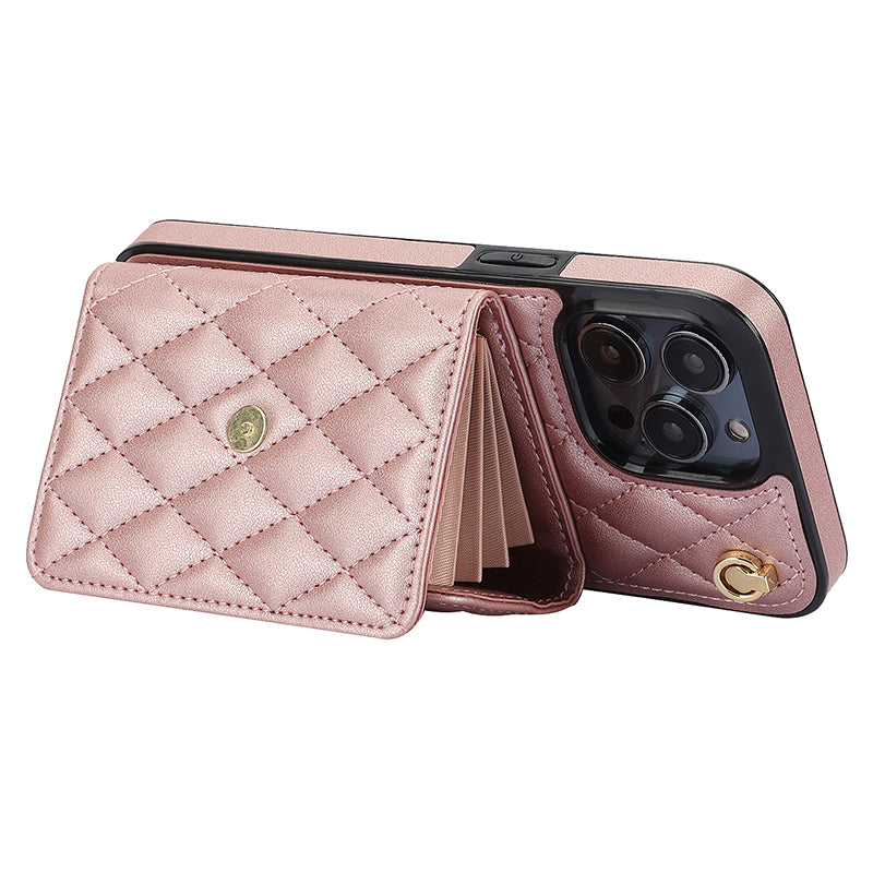 026 For iPhone 15 Pro Max PU Leather+TPU Kickstand Cover RFID Blocking Card Slots Phone Case with Short and Long Straps