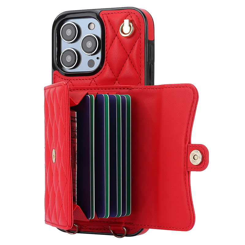 026 For iPhone 15 Pro Max PU Leather+TPU Kickstand Cover RFID Blocking Card Slots Phone Case with Short and Long Straps