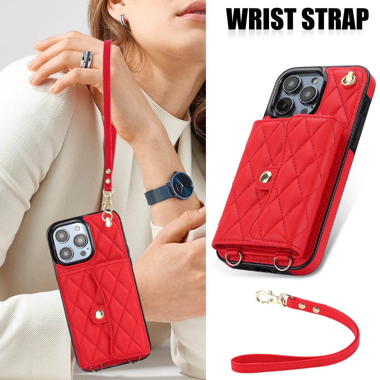 026 For iPhone 15 Pro Max PU Leather+TPU Kickstand Cover RFID Blocking Card Slots Phone Case with Short and Long Straps