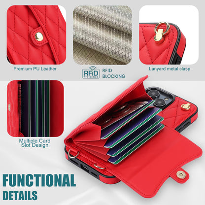 026 For iPhone 15 Pro Max PU Leather+TPU Kickstand Cover RFID Blocking Card Slots Phone Case with Short and Long Straps