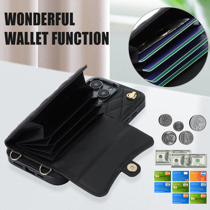026 For iPhone 15 Pro Max PU Leather+TPU Kickstand Cover RFID Blocking Card Slots Phone Case with Short and Long Straps