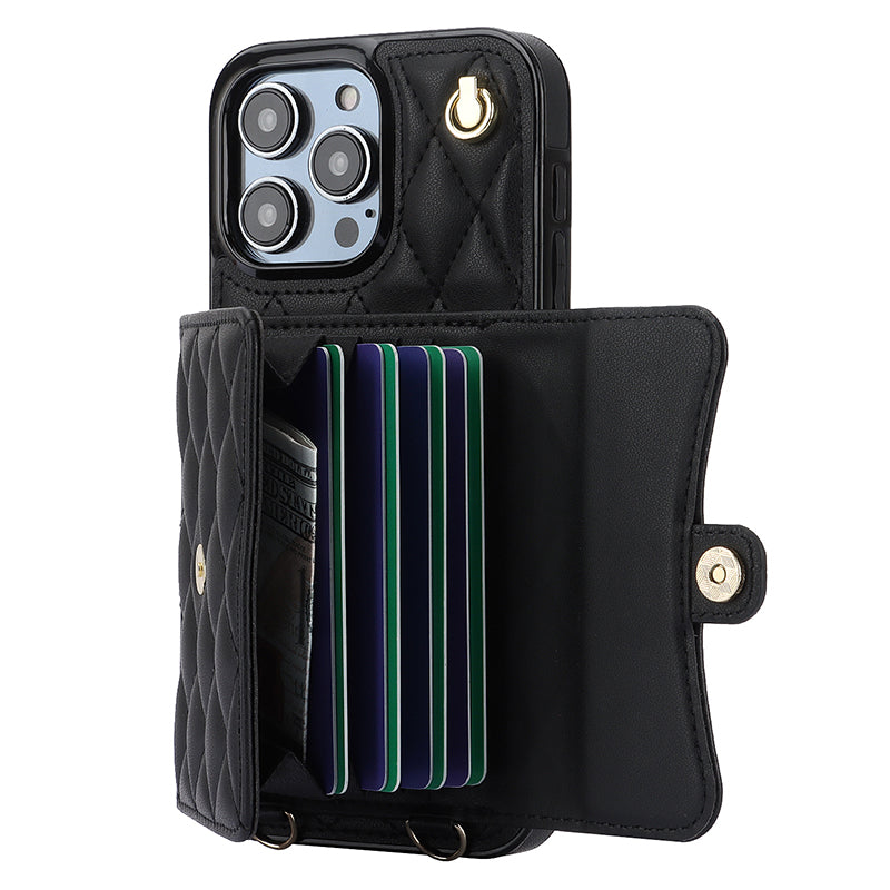 026 For iPhone 15 Pro Max PU Leather+TPU Kickstand Cover RFID Blocking Card Slots Phone Case with Short and Long Straps
