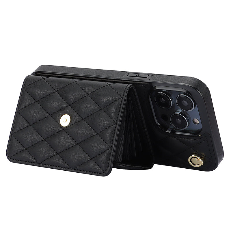 026 For iPhone 15 Pro Max PU Leather+TPU Kickstand Cover RFID Blocking Card Slots Phone Case with Short and Long Straps