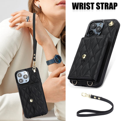 026 For iPhone 15 Pro Max PU Leather+TPU Kickstand Cover RFID Blocking Card Slots Phone Case with Short and Long Straps