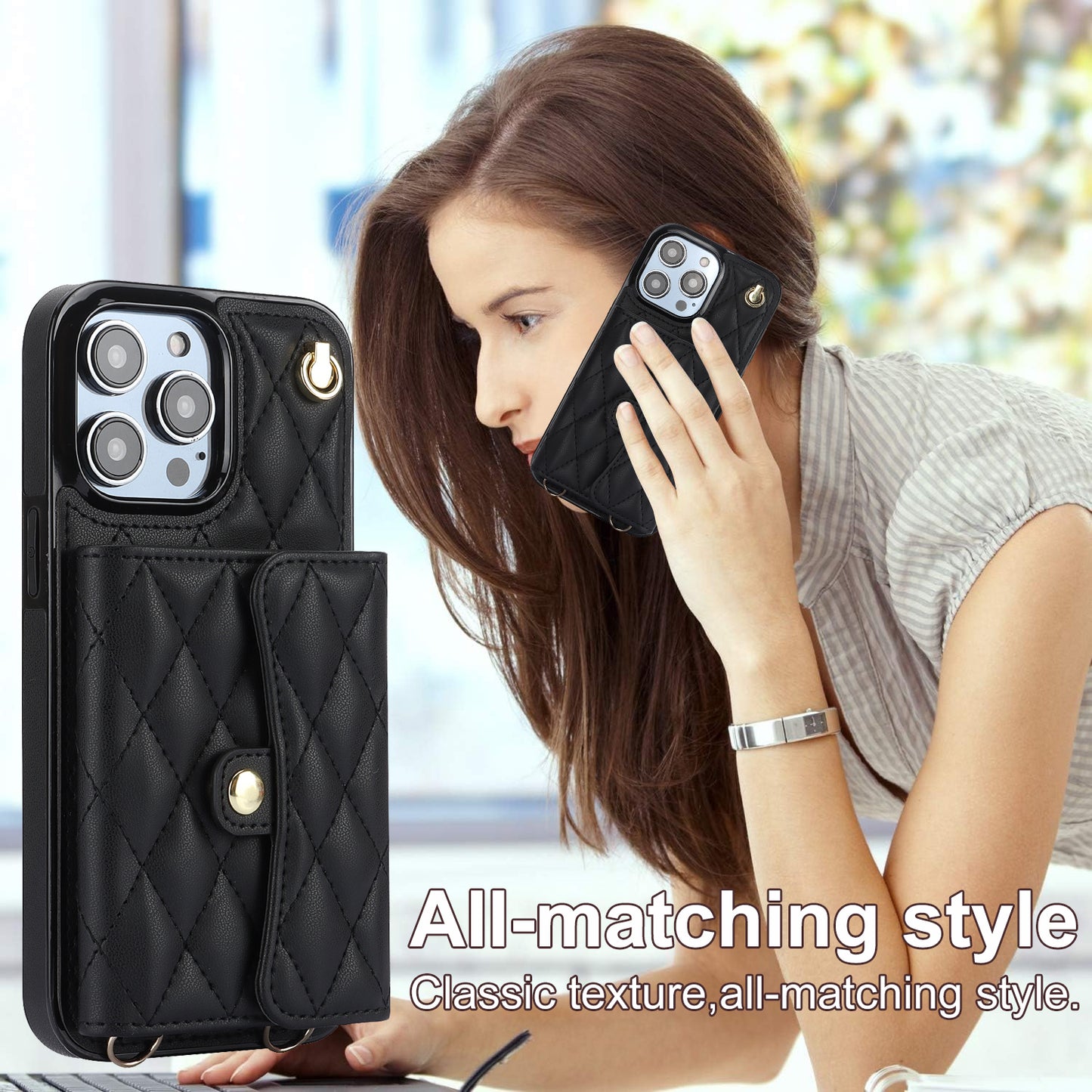 026 For iPhone 15 Pro Max PU Leather+TPU Kickstand Cover RFID Blocking Card Slots Phone Case with Short and Long Straps