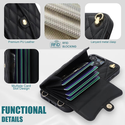 026 For iPhone 15 Pro Max PU Leather+TPU Kickstand Cover RFID Blocking Card Slots Phone Case with Short and Long Straps