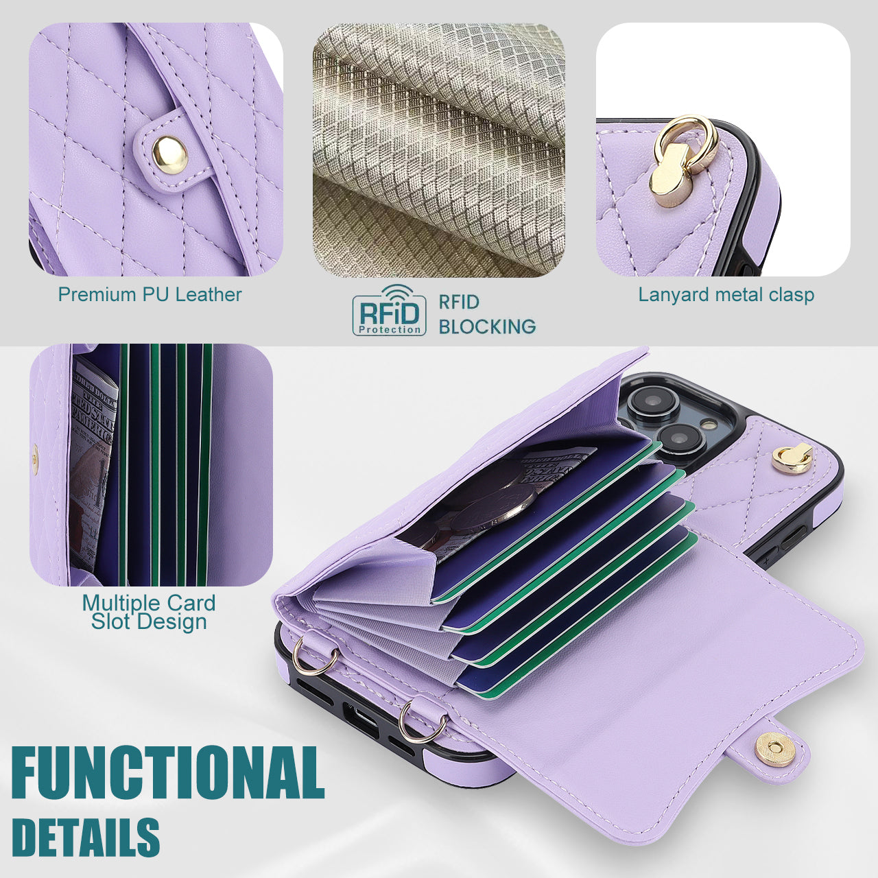 026 For iPhone 15 Pro Max PU Leather+TPU Kickstand Cover RFID Blocking Card Slots Phone Case with Short and Long Straps