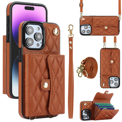 026 For iPhone 15 Pro Max PU Leather+TPU Kickstand Cover RFID Blocking Card Slots Phone Case with Short and Long Straps